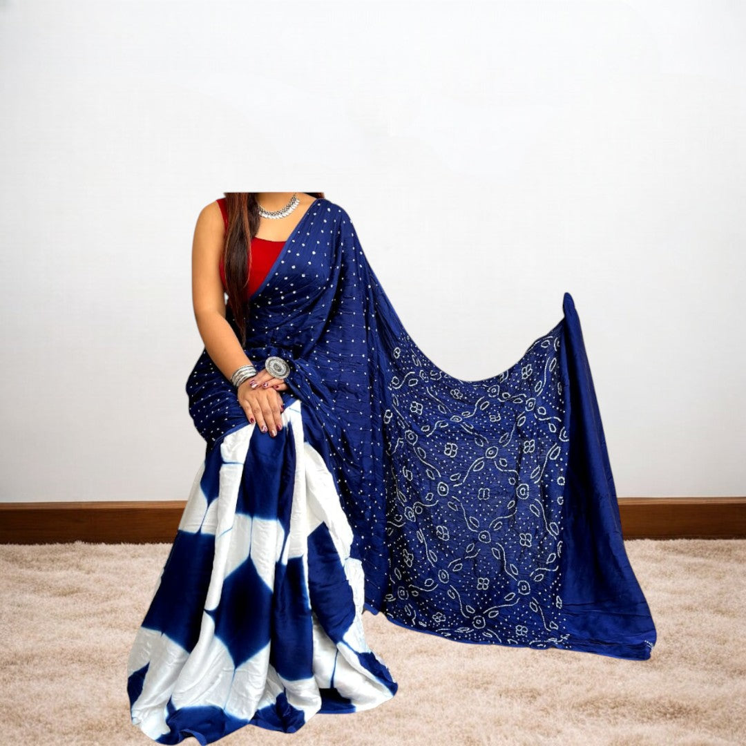 ClampAura - Blue Clamp Dyed Dot & Design Bandhani Saree