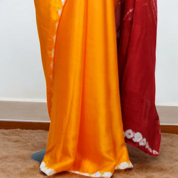 Red Orangish Yellow - Shibori Pallu Modal Silk Plain Saree