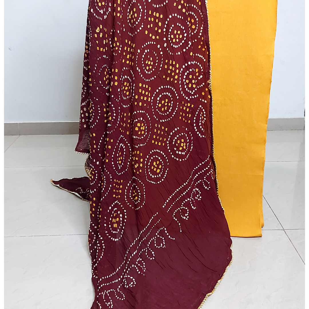 Yellow Plain Kurta Fabric With Maroon Bandhani Dupatta