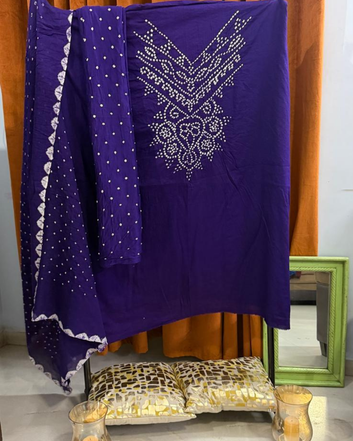 Puple Cotton Satin Bandhani Dress Material | Unstitched