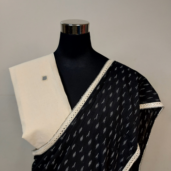 IkMirra - WHITE BLACK IKKAT MIRROR WORK SAREE