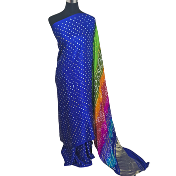 Pure Gajji Silk Blue Multi Pallu Bandhani Saree With Zari Border