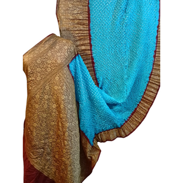 Reva: - Sky Blue Maroon Dhupian Silk Kanjivaram Bandhani Saree