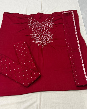Red Cotton Satin Bandhani Dress Material | Unstitched Suit