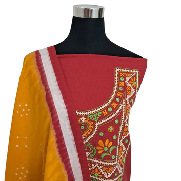 Exclusive Red Cotton Kutchi Work Kurti with Ikkat Bandhani Dupatta