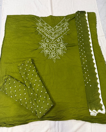Mehandi Green Cotton Satin Bandhani Dress Material | Unstitched Suit