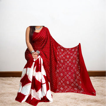 ClampAura - Red Clamp Dyed Dot & Design Bandhani Saree