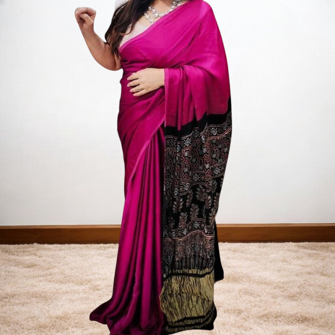 Ajrakshni -  Pink Modal Silk Plain Saree Ajrakh Pallu with Zari Border