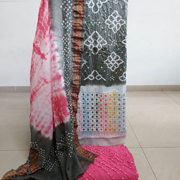 Gray Pink  - Kutchi work Bandhani Dress Material