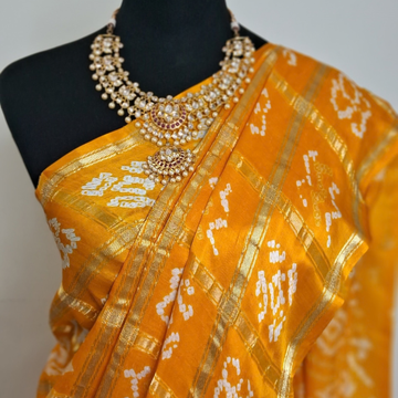 Pure Gaji Silk Orange Yellow  Gharchola Bandhani Saree