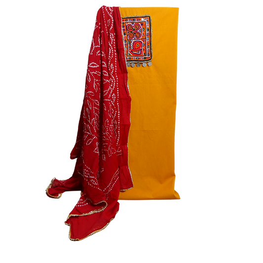 Traditional Yellow Red Dress Material