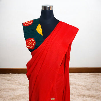 Bandhavi - Red Cotton Plain Saree with Bandhani Blouse Piece