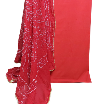 Red Plain Kurta Fabric With Red Bandhani Dupatta