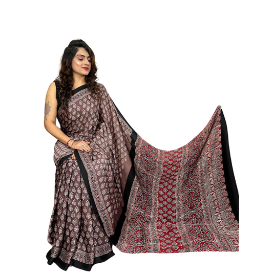 Keerti - Modal Silk Ajrakh Hand Block Print Saree