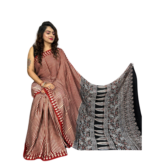 Maheema - Modal Silk Ajrakh Hand Block Print Saree