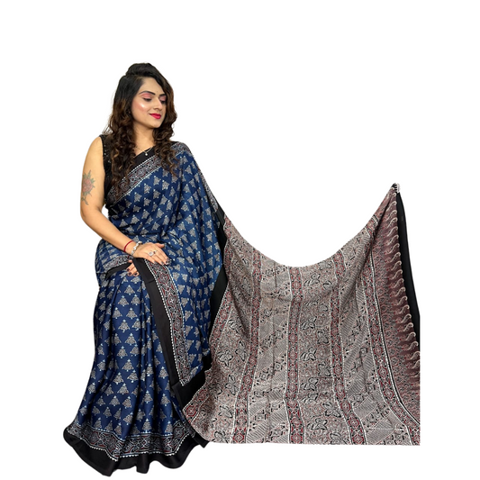 Mahira - Modal Silk Ajrakh Hand Block Print Saree
