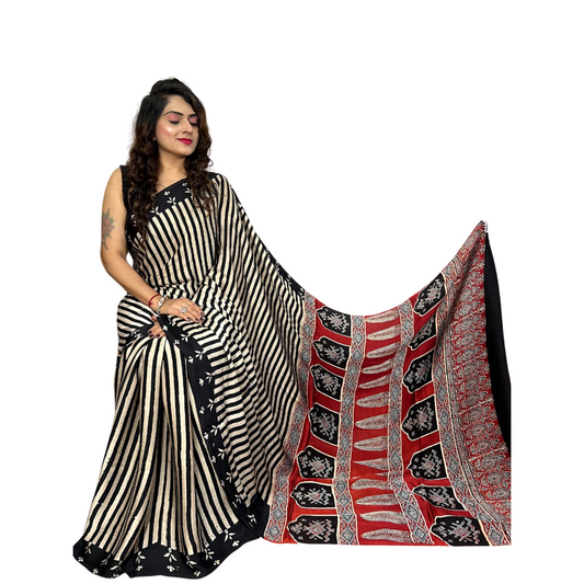 Manya - Modal Silk Ajrakh Hand Block Print Saree