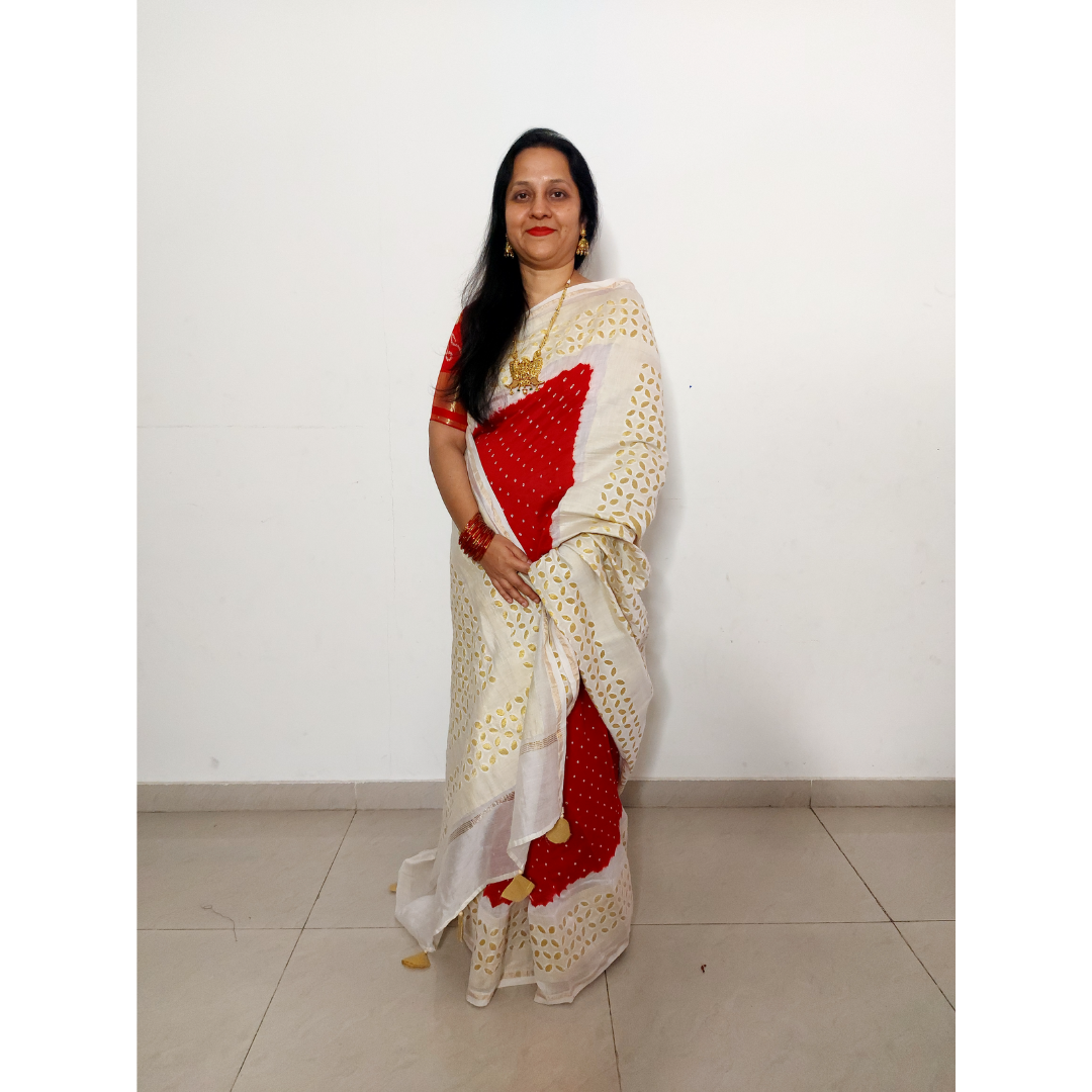 Chanderi Silk Applique Bandhani Saree - Heritage Hues