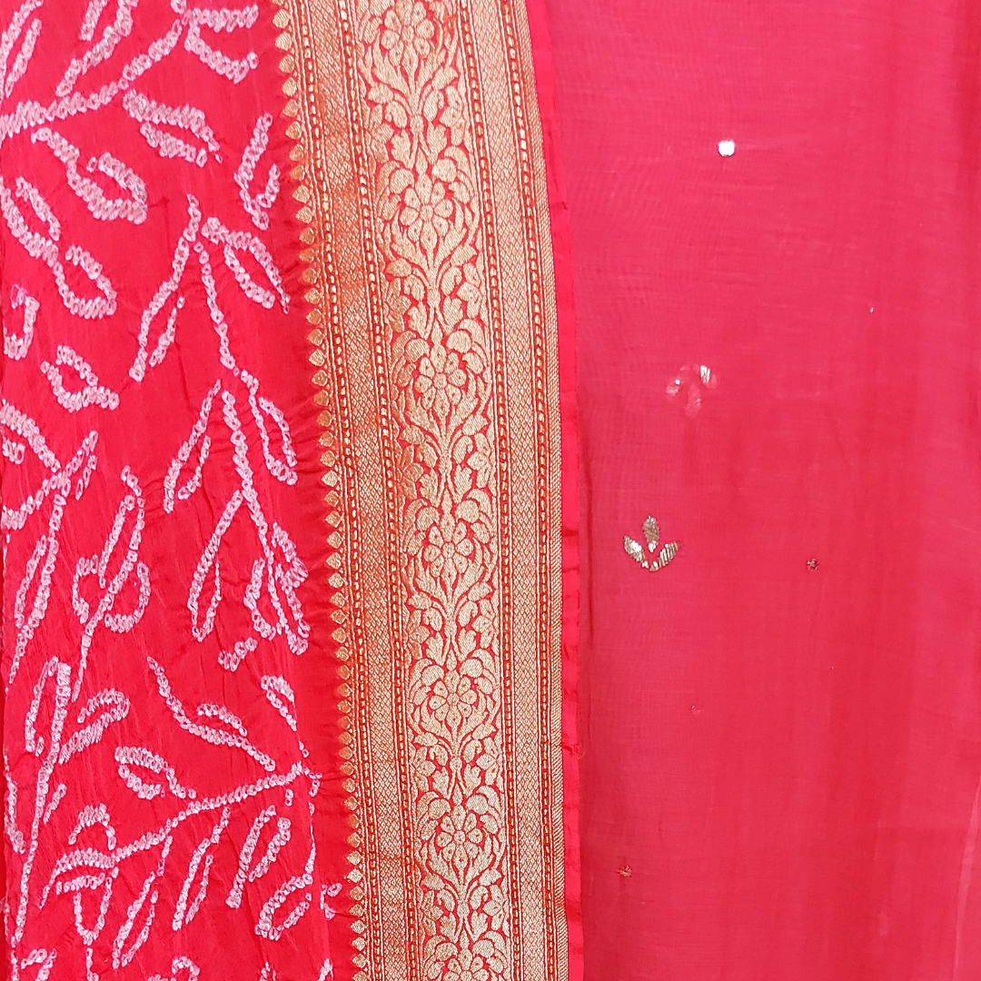 Banarasi Bandhani Dupatta with Muga Silk Top in gajari colour