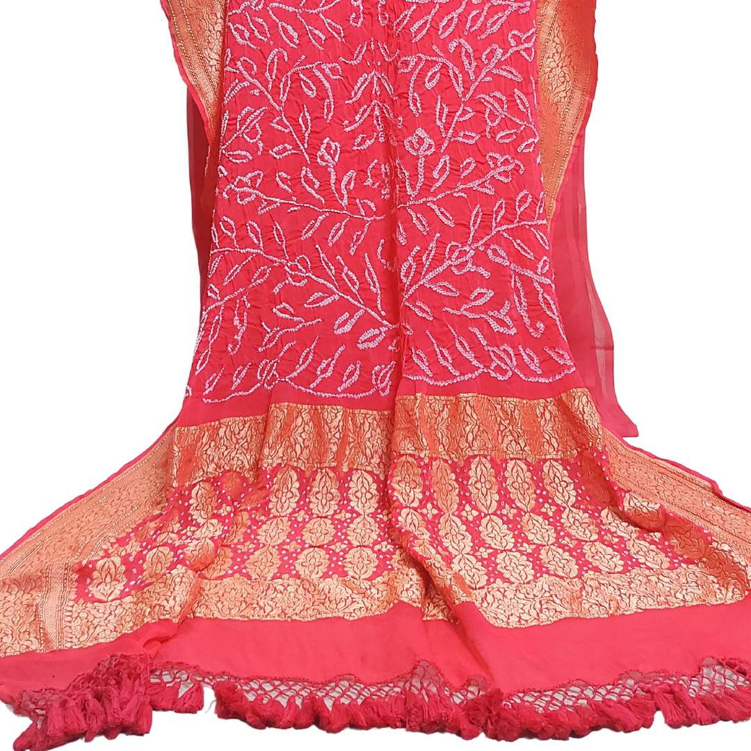 Gajari colour Banarasi Bandhani Dupatta with tassels