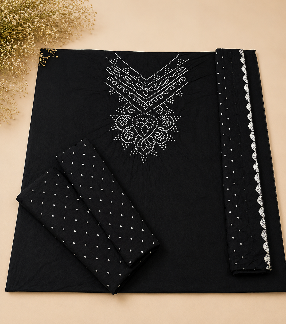 Black cotton fabric suit material set featuring a kurta with white geometric embroidery on the chest, matching embroidered border on the side, and coordinating trousers with white dot patterns, displayed on a beige background.