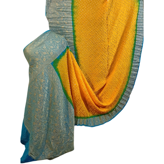 Reva: Yellow Green Dhupian Silk Kanjivaram Bandhani Saree