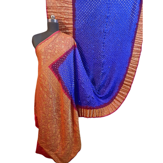 Reva: Blue Maroon Dhupian Silk Kanjivaram Bandhani Saree