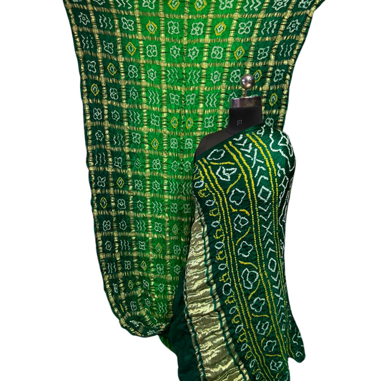 Vanya - Light Dark Green Gajji Silk Gharchola Bandhani Saree