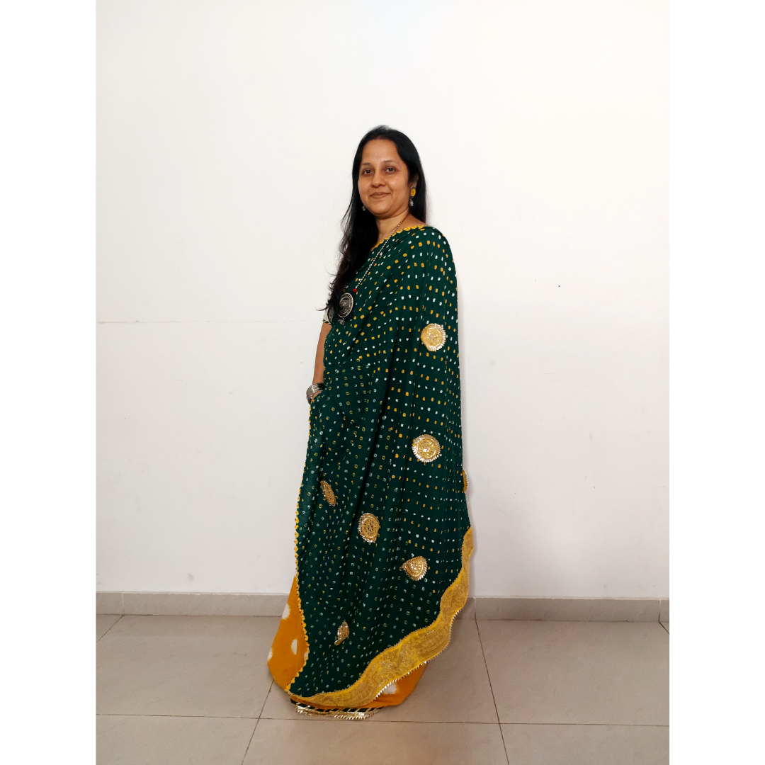 IkBandh - YELLOW GREEN DOUBLE IKKAT BANDHANI SAREE