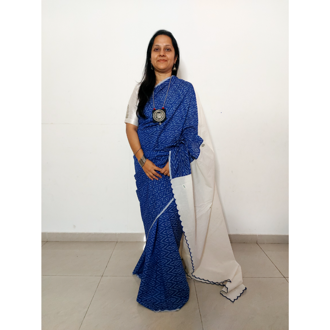 IkMirra - BLUE WHITE IKKAT MIRROR WORK SAREE