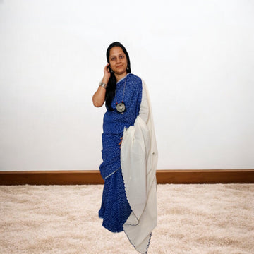 IkMirra - BLUE WHITE IKKAT MIRROR WORK SAREE