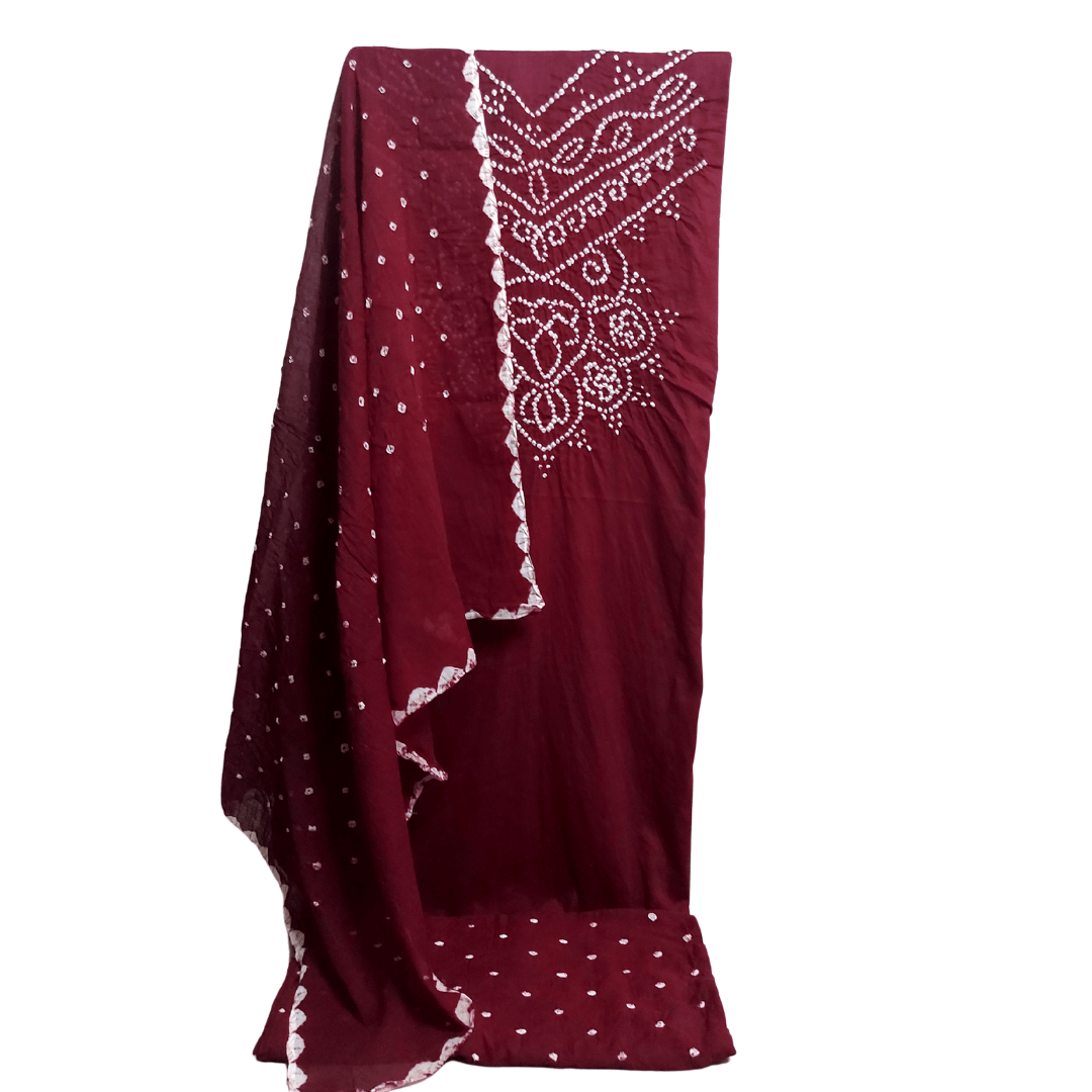 Maroon Bandhani suit on a white background