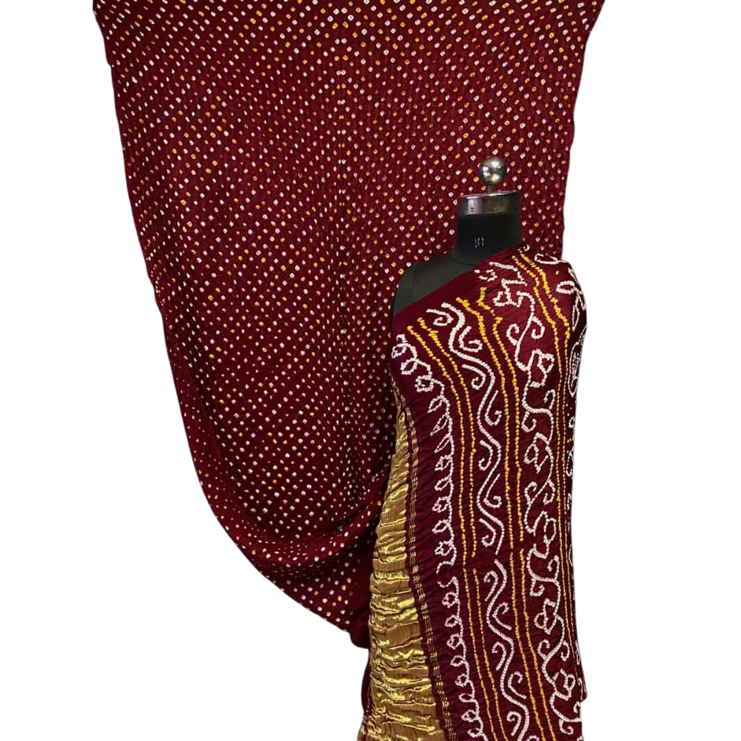 Rai Bandhej Gajji Silk Zari Pallu Maroon Saree