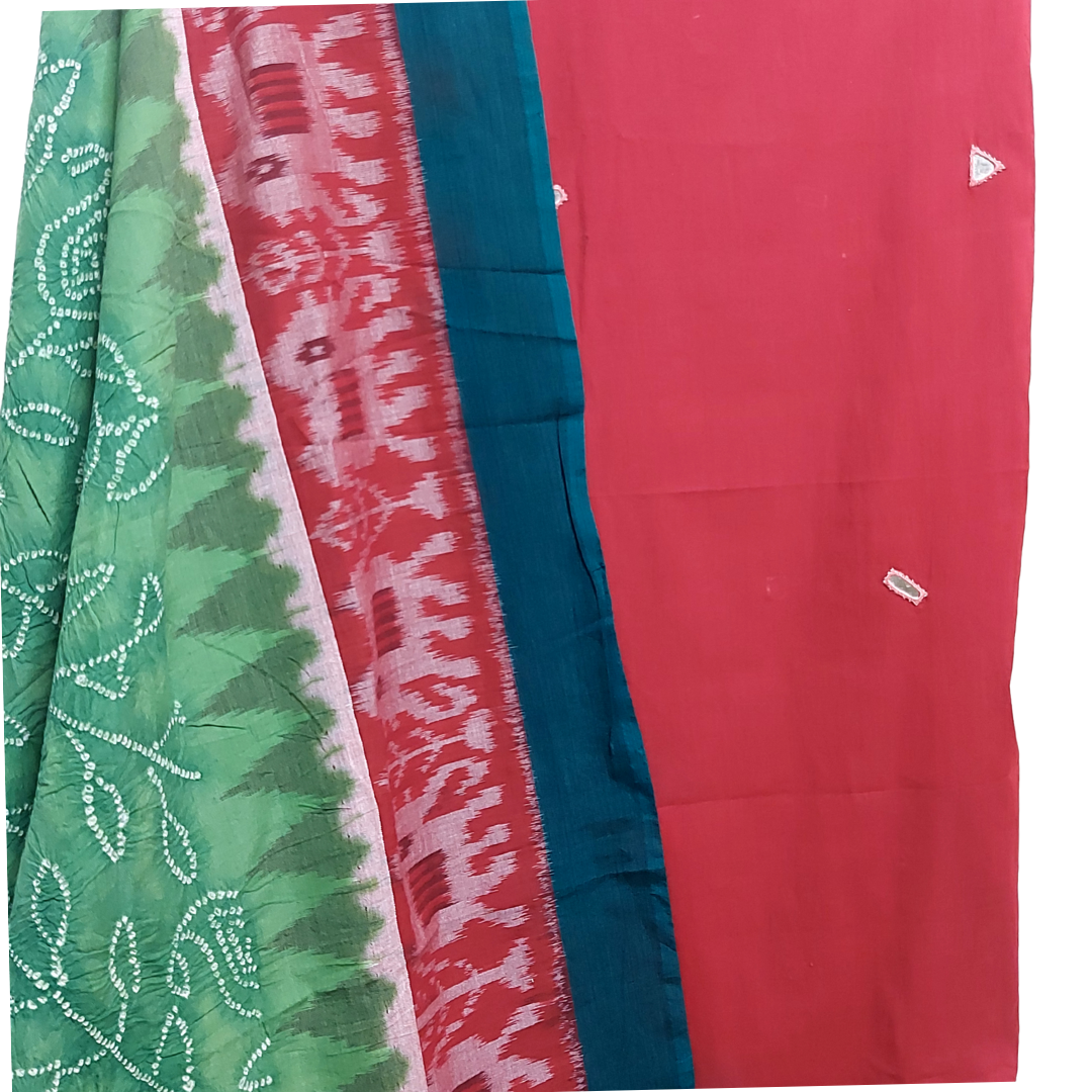 Maroon Cotton Mirror Work Top with Cotton Ikkat Bandhani Dupatta