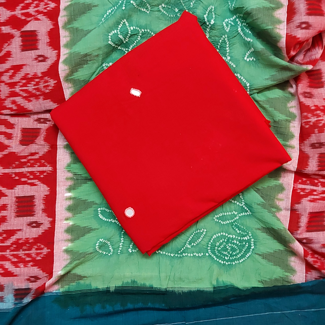 Maroon Cotton Mirror Work Top with Cotton Ikkat Bandhani Dupatta