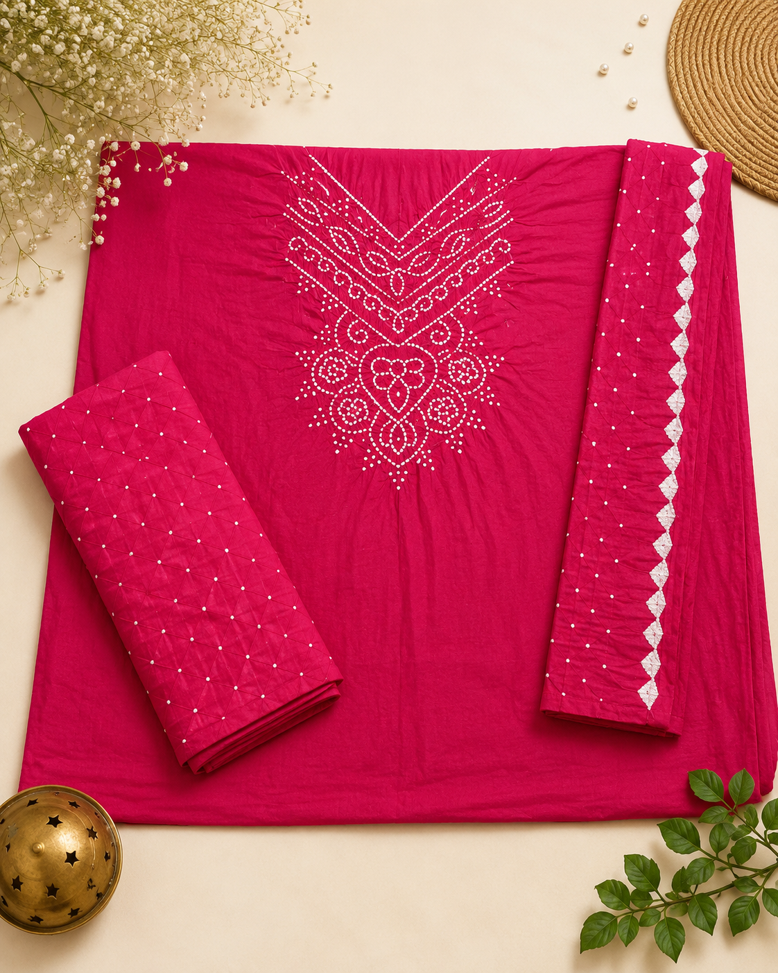 A bright pink salwar suit set laid flat on a light beige surface, featuring a kurta with white embroidered neckline details, matching folded pants, and a coordinating dupatta with white geometric border embroidery. Decorative flowers, a woven mat, and a small brass ornament frame the scene.