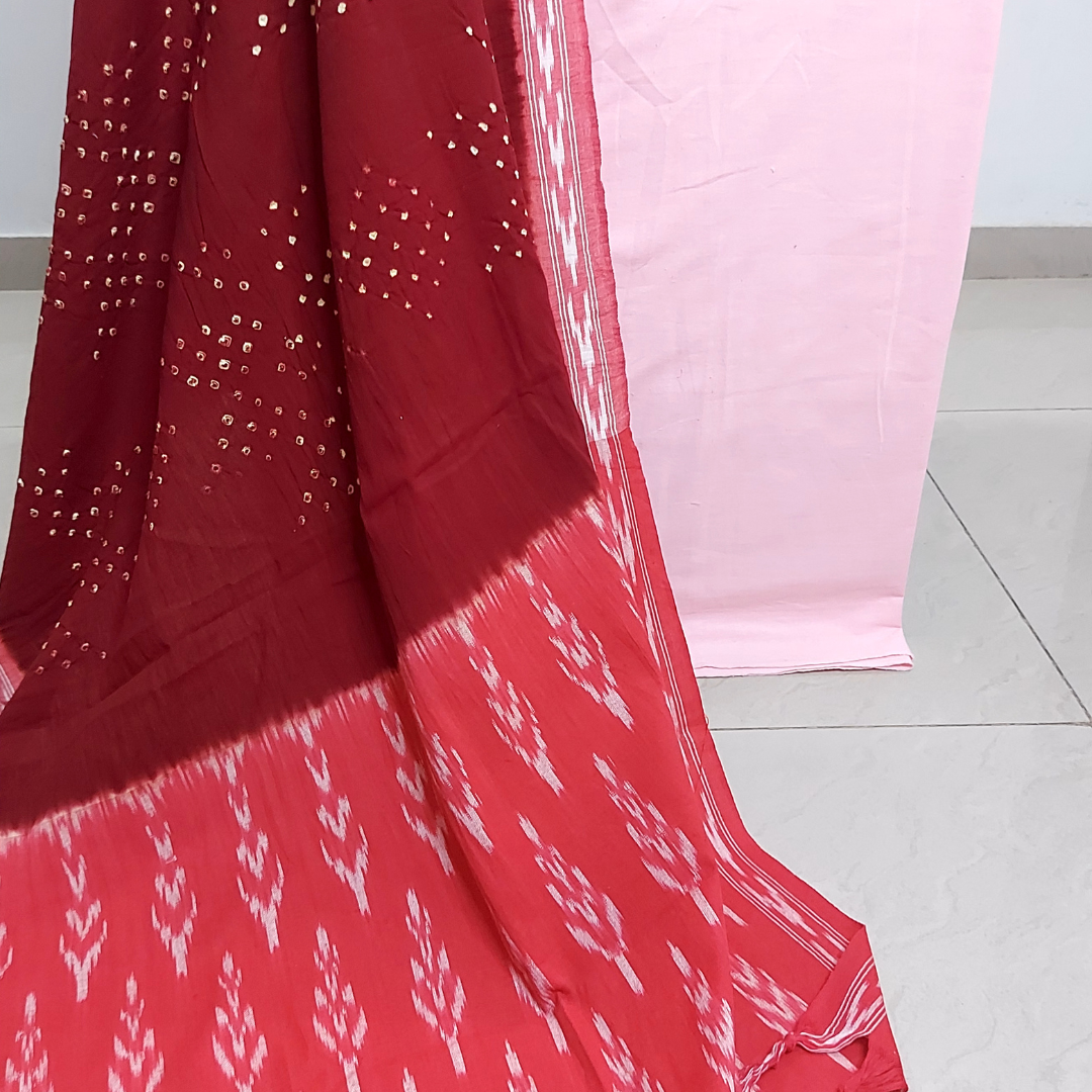 Pink Cotton Linen Kurta Fabric with Handloom Cotton Ikkat Bandhani Dupatta
