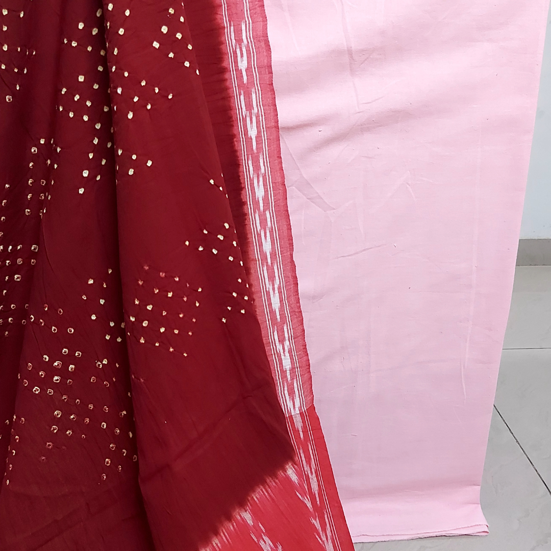Pink Cotton Linen Kurta Fabric with Handloom Cotton Ikkat Bandhani Dupatta