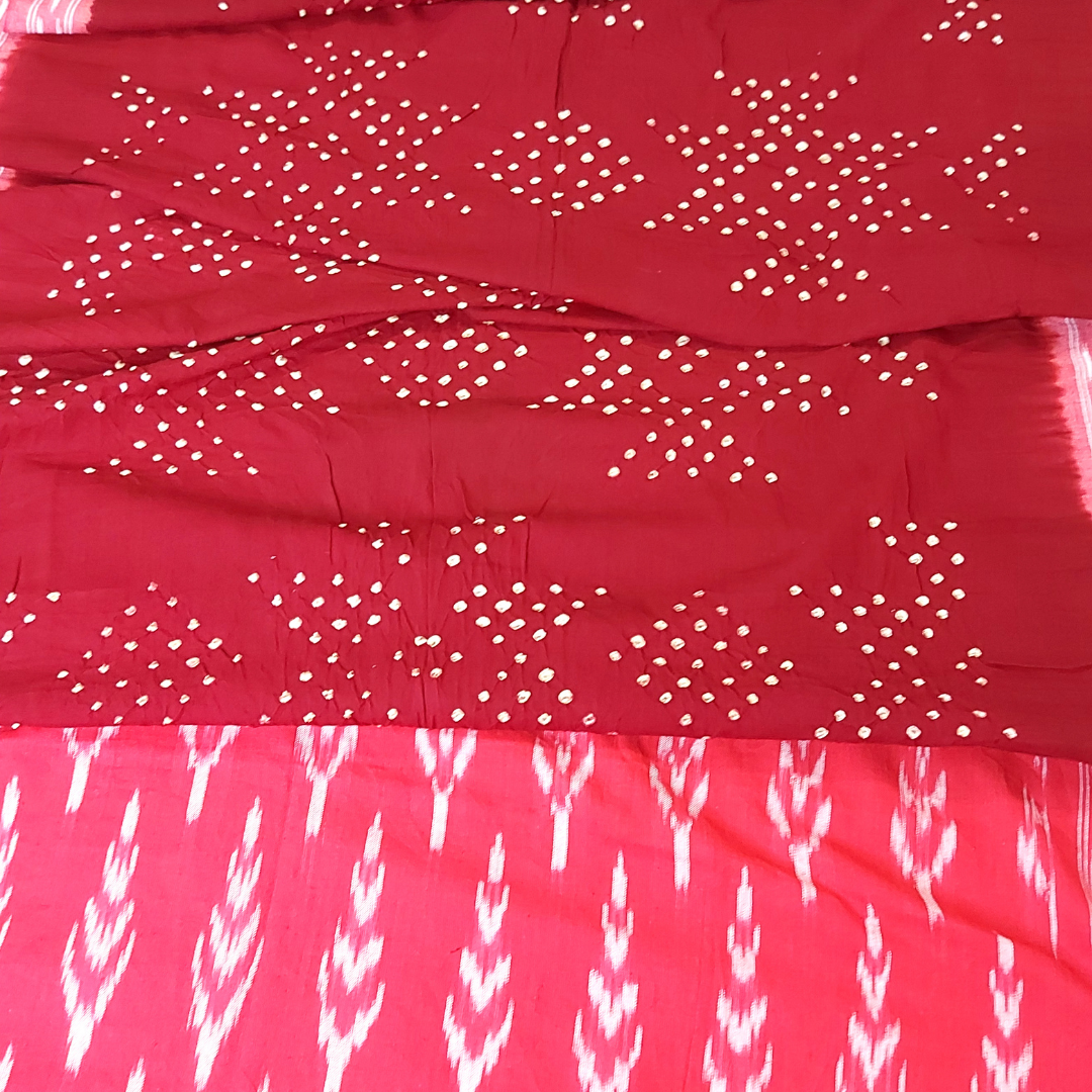Pink Cotton Linen Kurta Fabric with Handloom Cotton Ikkat Bandhani Dupatta