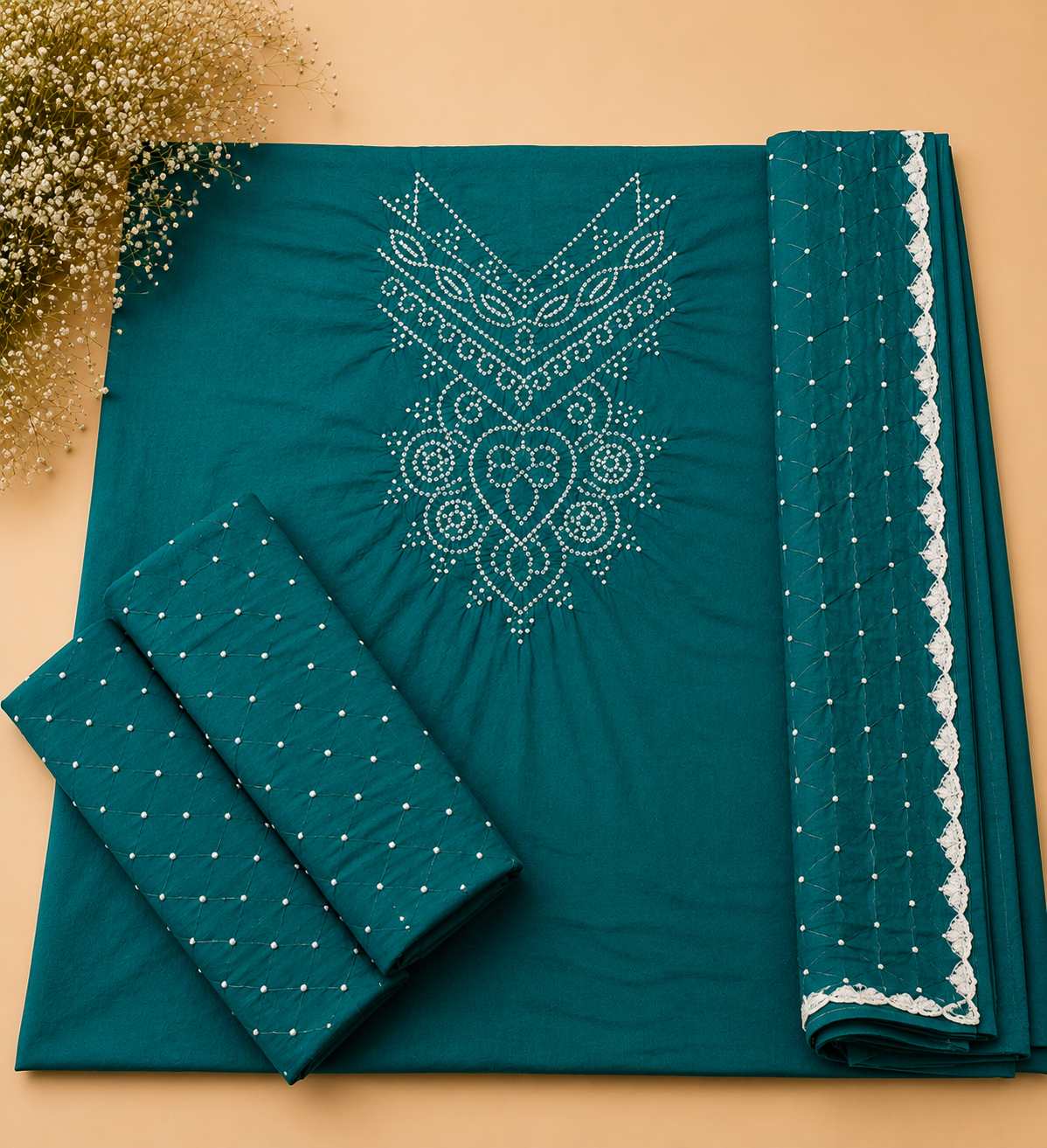 A folded teal fabric set with white embroidered patterns and dotted borders, arranged on a beige background with decorative dried flowers in the corner.