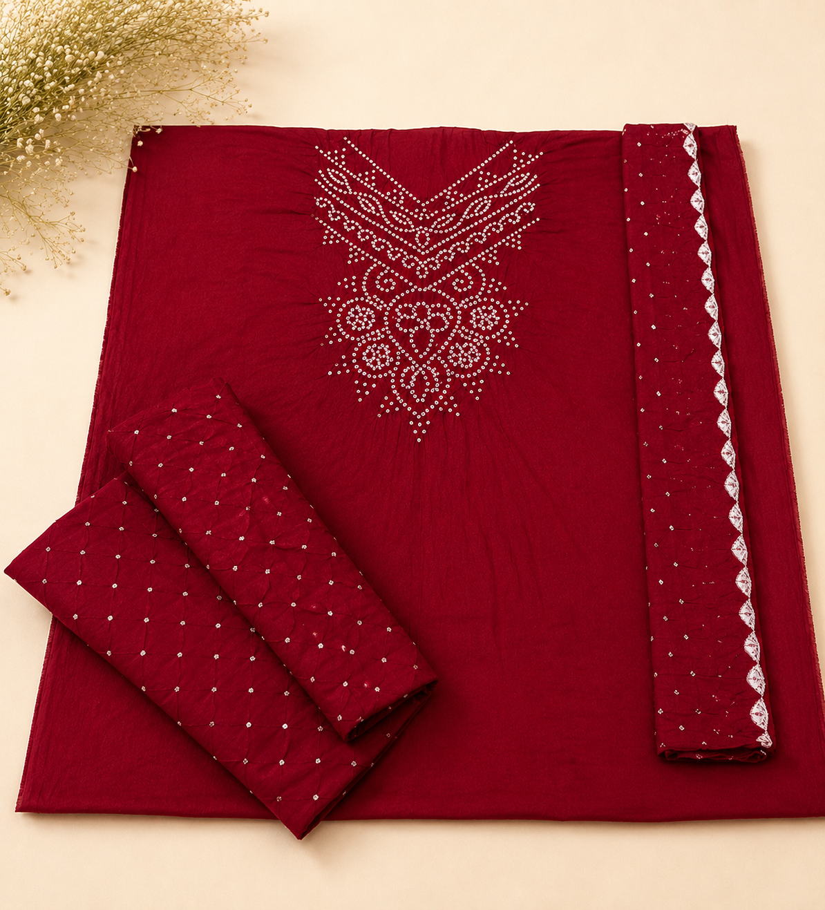 A deep maroon red ethnic suit material set featuring a kurta with silver mirror embroidery, matching trousers, and a coordinating border fabric, laid flat on a light beige background with decorative dried flowers in the top-left corner.