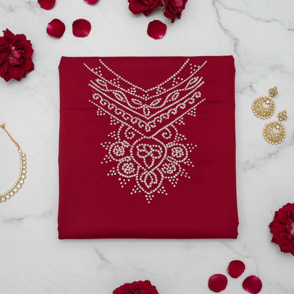 Red garment with white embroidery on a white background