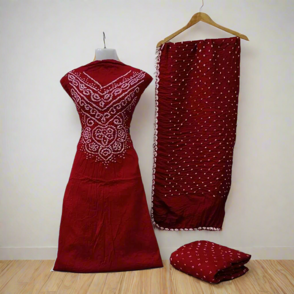 Cotton Bandhani Unstitched Dress Material (Red)