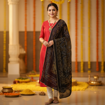 Red Plain Kurta Fabric With Black Bandhani Dupatta