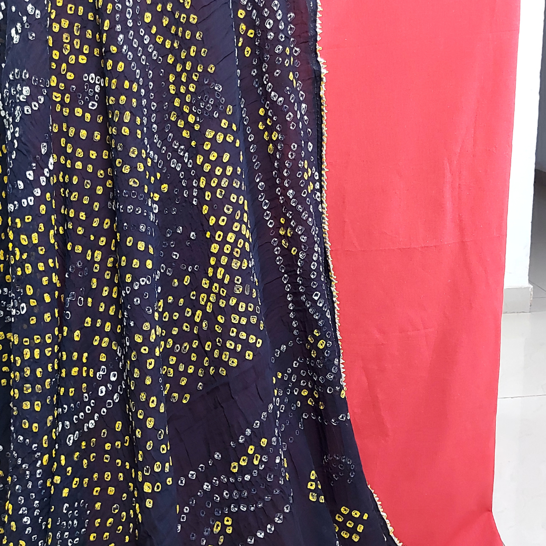 Red Plain Kurta Fabric With Black Bandhani Dupatta