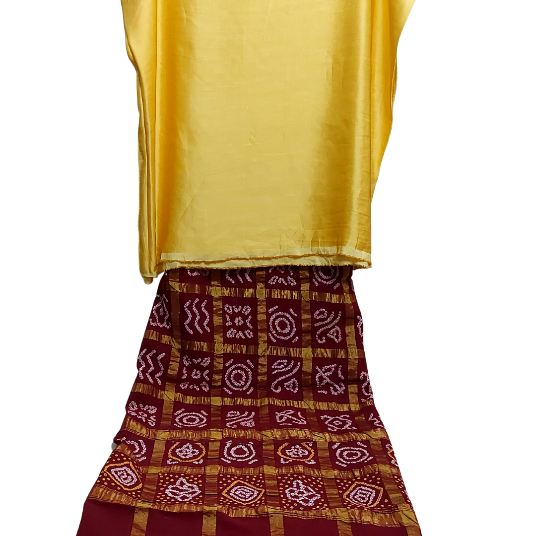 Yellow Linen Satin Kurta Fabric With Gharchola Maroon Bottom