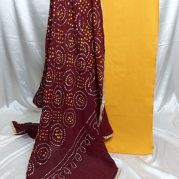 Yellow Plain Kurta Fabric With Maroon Bandhani Dupatta