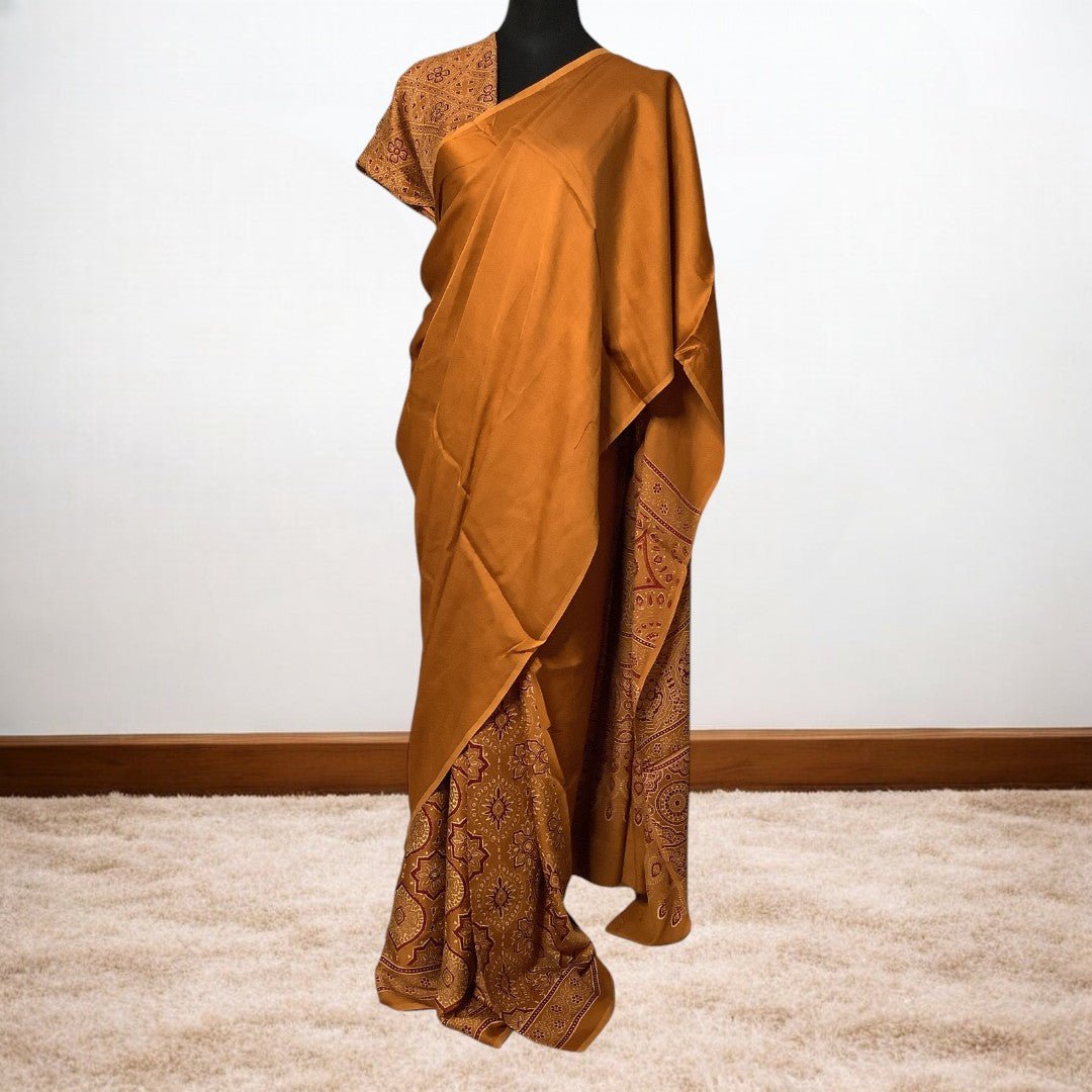 Anaya - Modal Silk Ajrakh Hand Block Print Saree – Handmade Bandhani Saree in Gajji/Modal Silk | Aj Designs