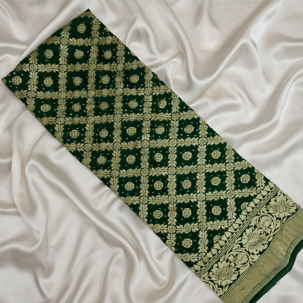 banarasi georgette green bandhani blouse piece flat lay on white fabric