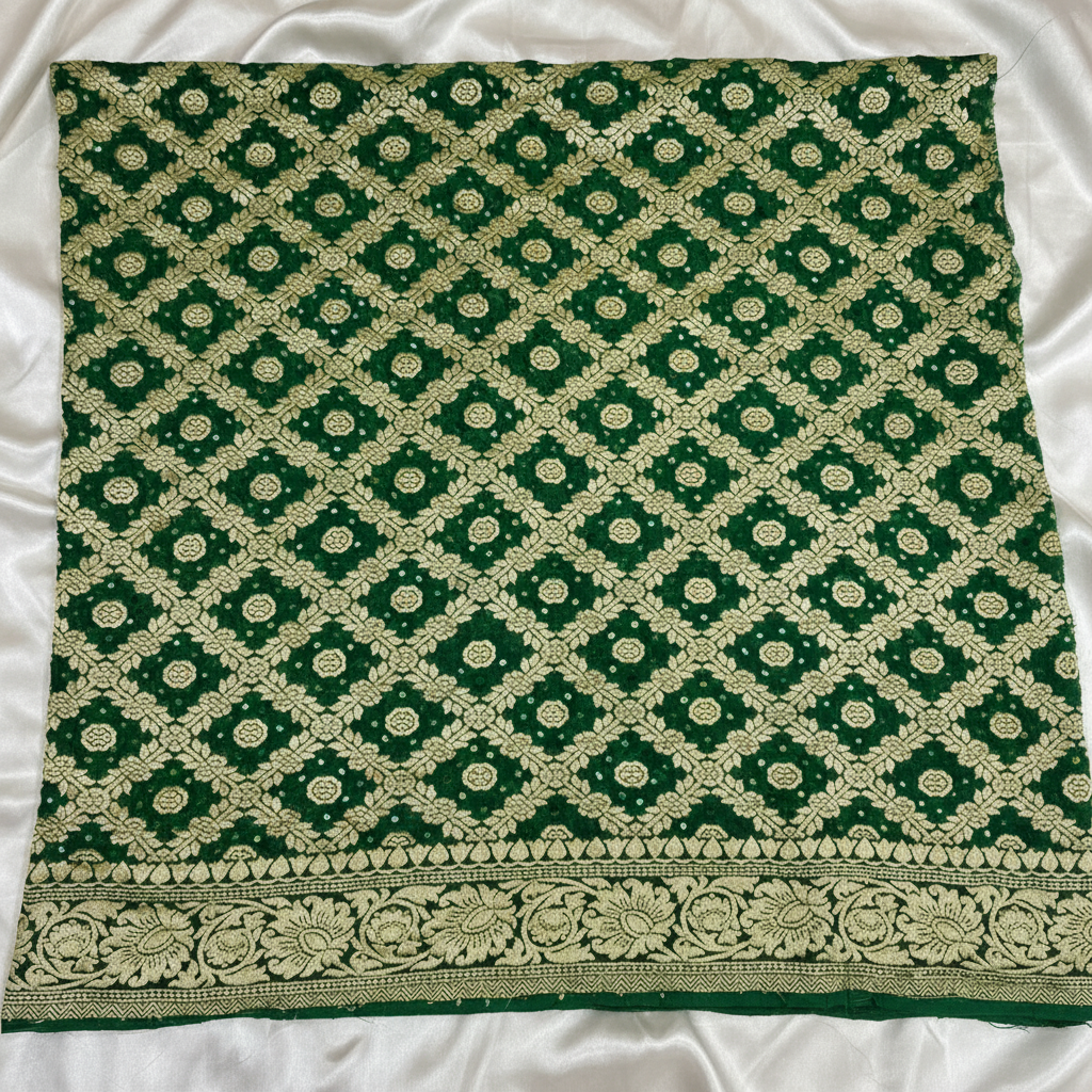 banarasi georgette green bandhani blouse piece flat lay on white background